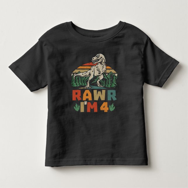 Camiseta Aniversário de 4 anos do dinossauro T Rex Rawr eu  (Frente)