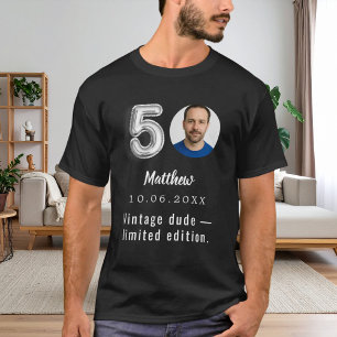 Camiseta aniversário de 50 anos preto prata foto retrô cara