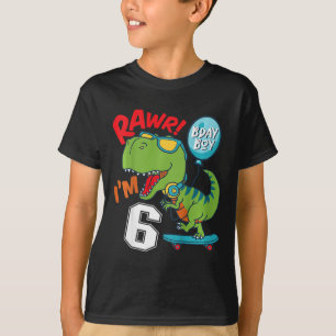 Camiseta Aniversário de 6 anos do menino T-rex Skateboardi