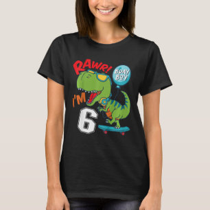 Camiseta Aniversário de 6 anos do menino T-rex Skateboardi