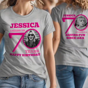 Camiseta Aniversário de 70 anos foto dupla face nome texto