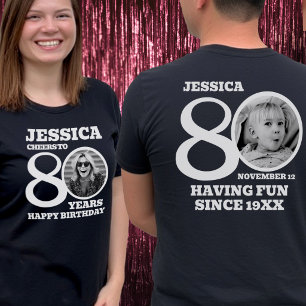 Camiseta Aniversário de 80 anos foto dupla face nome texto