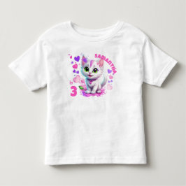 Camiseta Aniversário de Coração e Gatinho Rosa e Branco Ado