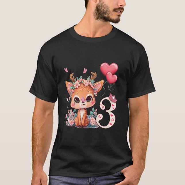 Camiseta Aniversário de criança 3 Anos Bebê Veado Fawn Kid  (Frente)