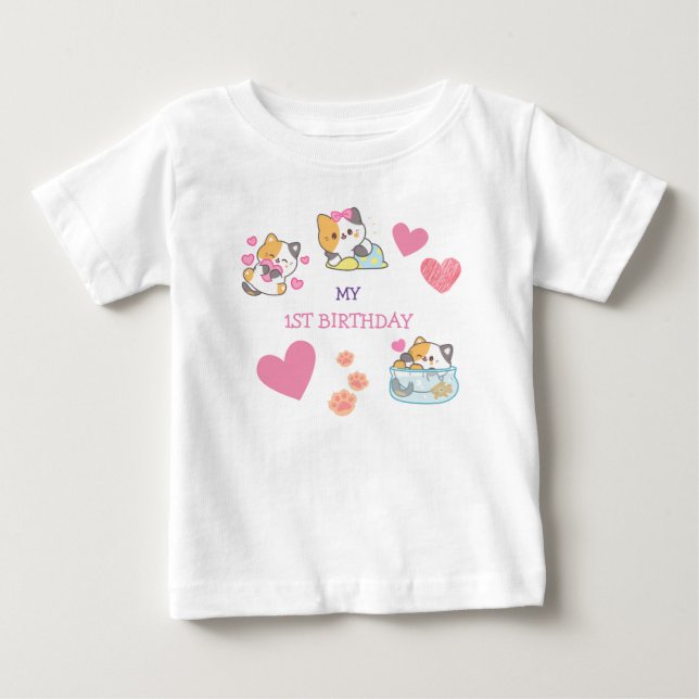 Camiseta Aniversário de menina gatinho bonita (Frente)