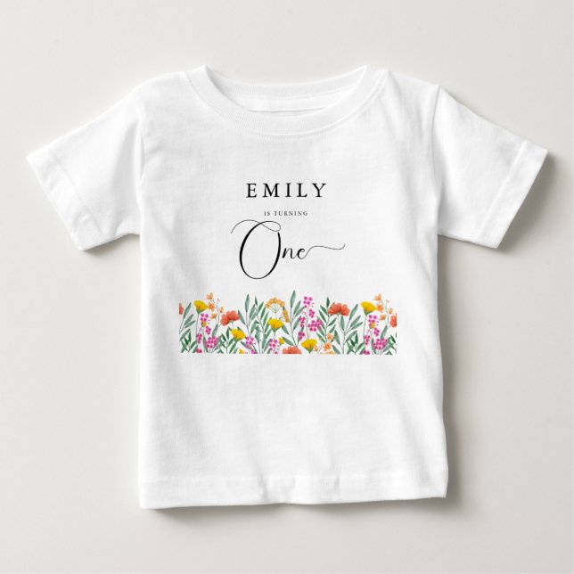 Camiseta Aniversário de um ano da menina da flor silvestre  (Frente)