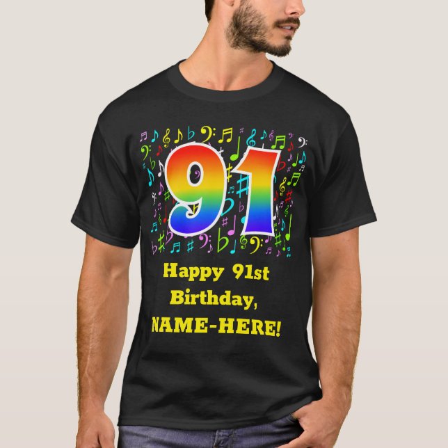 Camiseta Aniversário do 91rua: Símbolos Musicais Coloridos, (Frente)