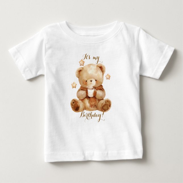 Camiseta Aniversário do Balão Beige do Urso de Teddy (Frente)