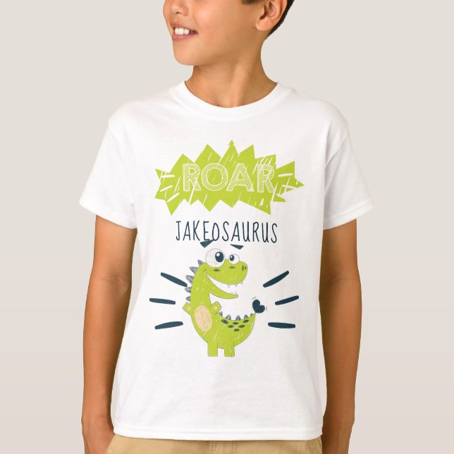 Camiseta Aniversário do Dinossauro Personalizado Verde da R (Frente)