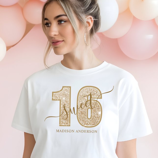 Camiseta Aniversário do Dourado Glitter Script Sweet 16 (Criador carregado)