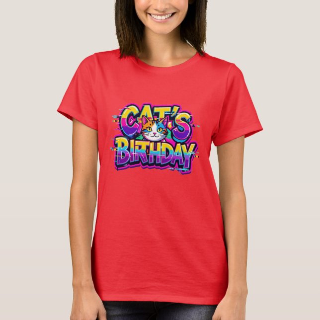 Camiseta Aniversário do Gato Chuva de Cores com Efeito Glit (Frente)