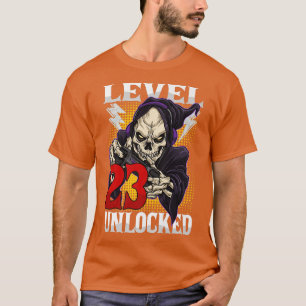 Camiseta Aniversário Gamer Skeleton Nível 23 Gam Desbloquea