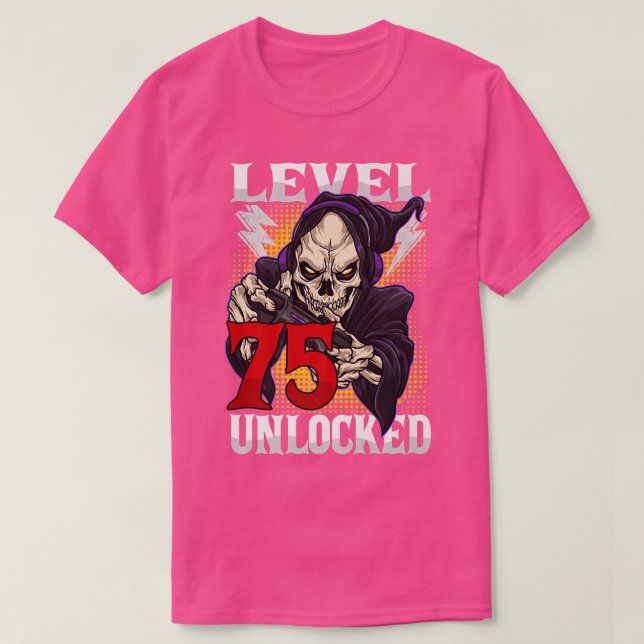 Camiseta Aniversário Gamer Skeleton Nível 75 Gam Desbloquea (Frente do Design)