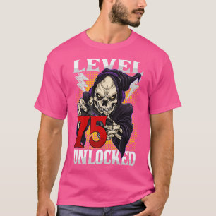 Camiseta Aniversário Gamer Skeleton Nível 75 Gam Desbloquea