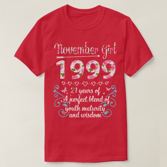 Camiseta Aniversário Novembro Menina 1999 Feliz 21 Anos De  (Frente do Design)
