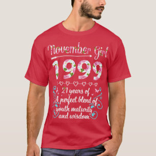 Camiseta Aniversário Novembro Menina 1999 Feliz 21 Anos De