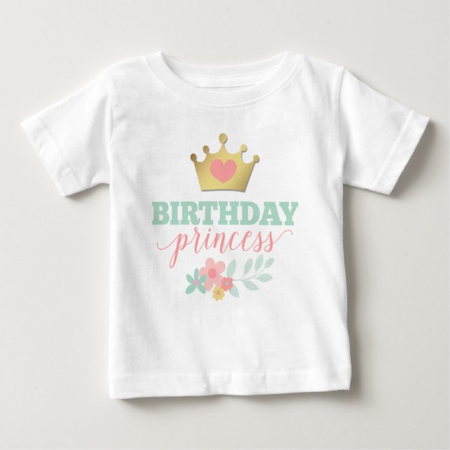 Camiseta Aniversário Princesa Dourada Coroa e Shabby Rosa F (Frente)