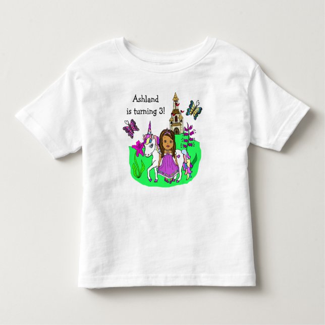 Camiseta Aniversário Princesa e Unicórnio Idade e Nome (Frente)
