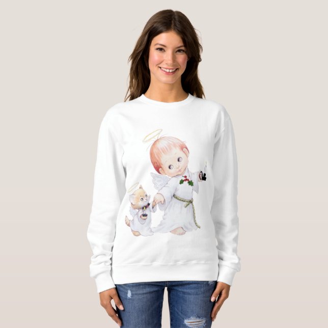 Camiseta Anjo bonito e gato do bebê do Natal (Frente Completa)