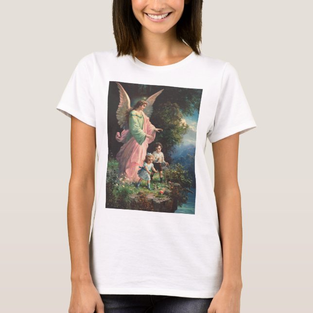 Camiseta Anjo da guarda protegendo crianças perto de uma sa (Frente)