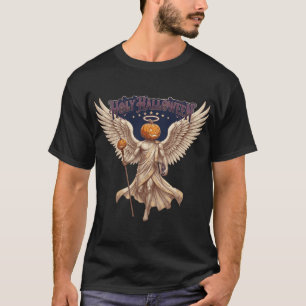 Camiseta Anjo de Halloween Sagrado Abóbora Gótico Ilustraçã