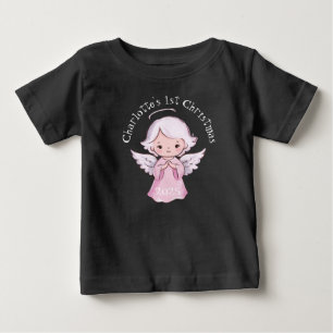 Camiseta Anjo Meninas Natal Rosa 1º Natal 2025 Preto