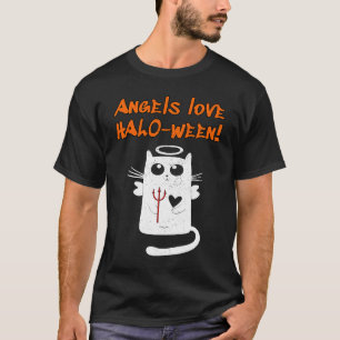 Camiseta Anjos Amam HALO Ween fofo com gato anjo forcado