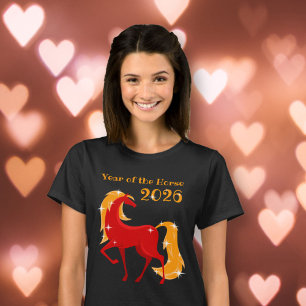 Camiseta Ano do Cavalo de Fogo 2026 Mulheres Zodiac Chinesa