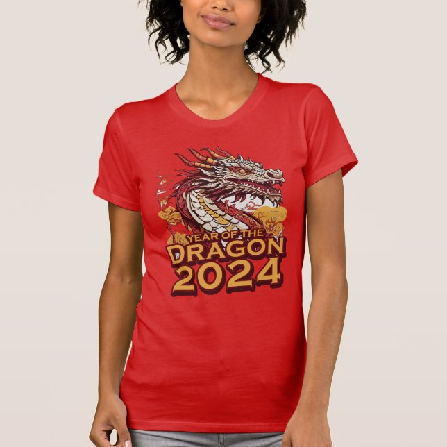 Camiseta Ano do dragão 2024 ajustado fino feminino (Frente)