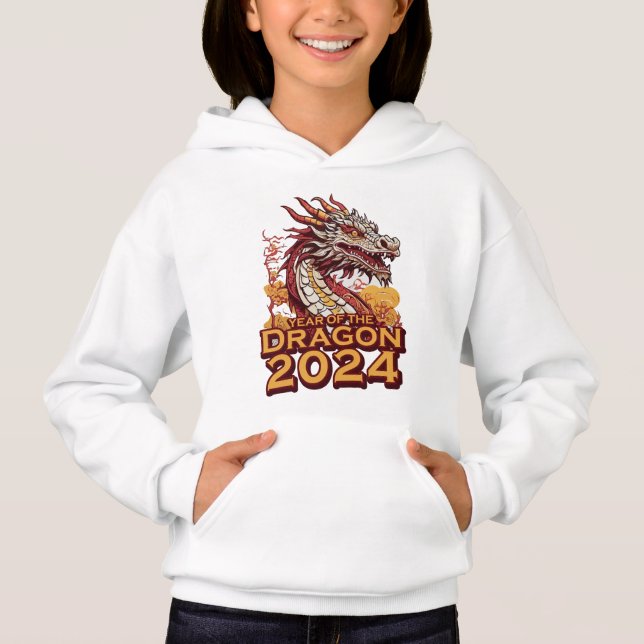 Camiseta Ano do Dragão 2024, Hoody Branca, Dragão (Frente)