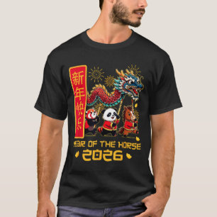 Camiseta Ano Novo Chinês Cavalo Panda Dança do Dragão Lunar