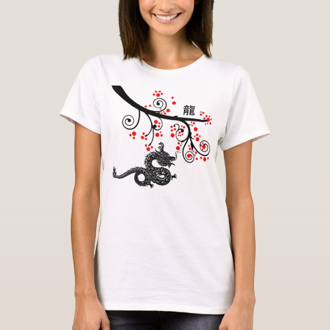 Camiseta Ano Novo Chinês do Dragão e dos Flores Vermelhos (Frente)