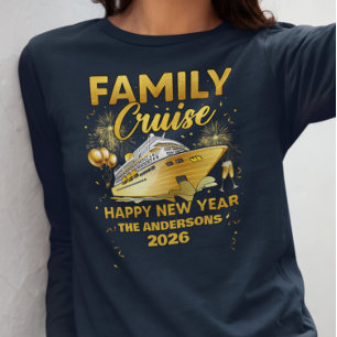 Camiseta Ano Novo da Família Cruzeiro Dourado Navio Ano