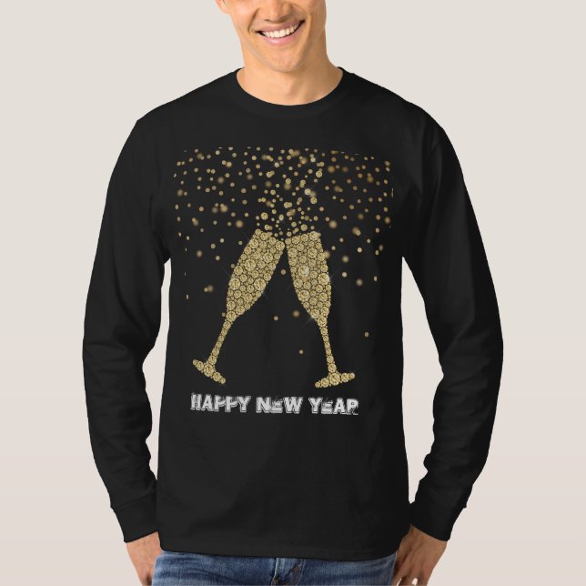 Camiseta Ano Novo do Champanhe Sparkle Dourado (Frente)