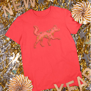 Camiseta Ano Novo Lunar Cão Zodíaco Chinês Dourado Vermelho