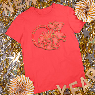 Camiseta Ano Novo Lunar Rato Zodíaco Chinês Dourado Vermelh