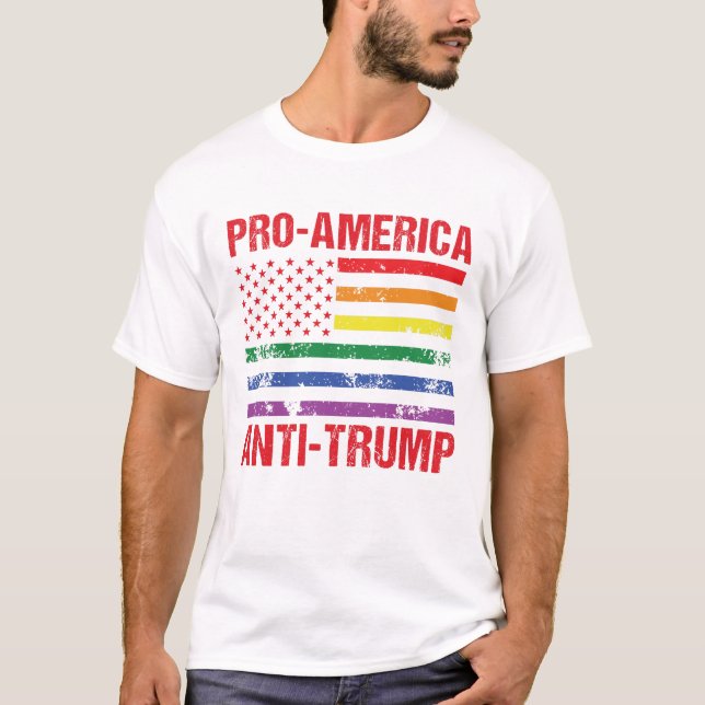 Camiseta Anti-Trump LGBT Orgulho dos EUA Bandeira Pro Améri (Frente)