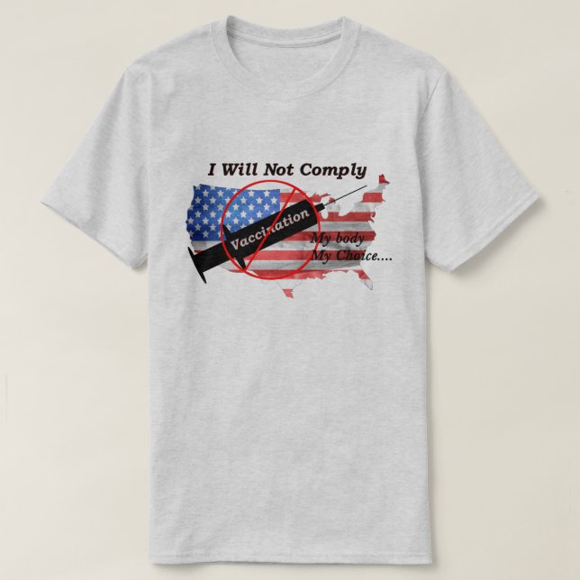 Camiseta Anti Vax My Body My Choice Red White Bandeira EUA (Frente do Design)