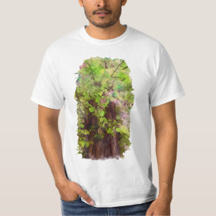 Camiseta Antiga Árvore Espessa Ramifica Verde e Roxo Mágico