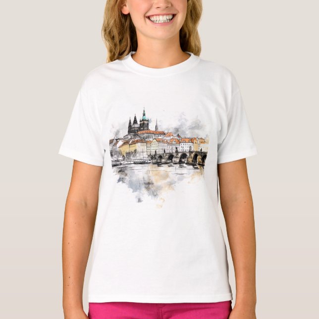 Camiseta Antiga Praga, Charles Bridge Watercolor (Frente)