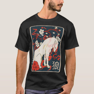 Camiseta Antiguamente Arte do Lobo Japonês - Flor de Cereja