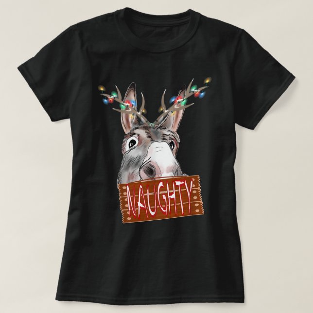 Camiseta Antlers Lights Naughn Sinal Engraçado Donkey Natal (Frente do Design)