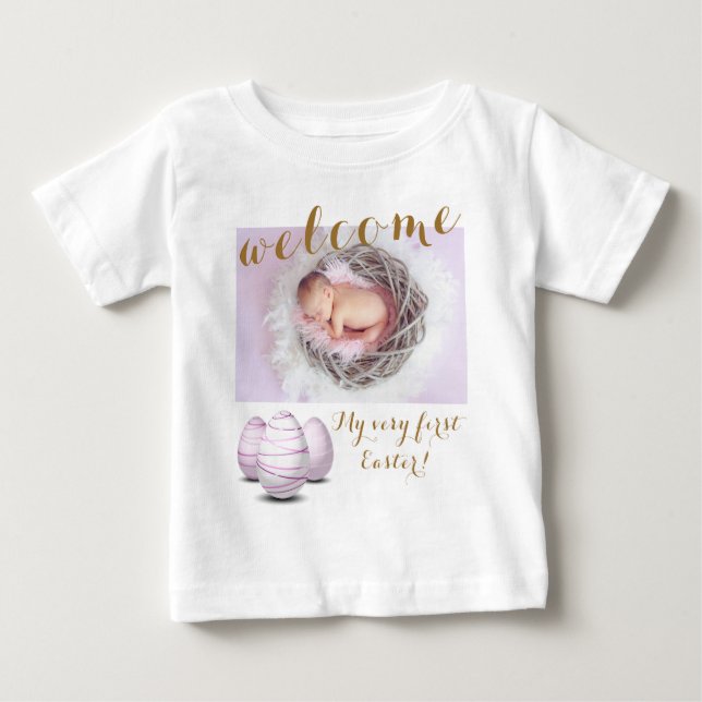 Camiseta Anunciação do Bebê Fotográfico de Boas-vindas aos  (Frente)