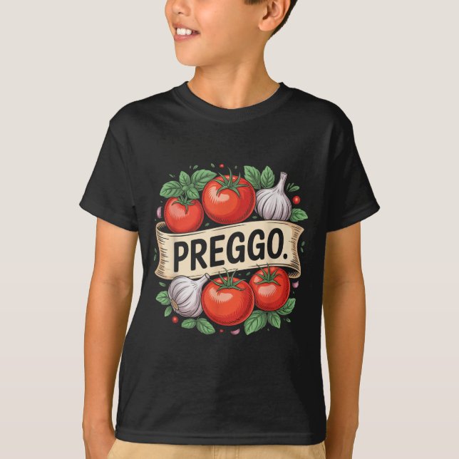 Camiseta Anúncio de Gravidez Molho de Pasta Prego Divertido (Frente)