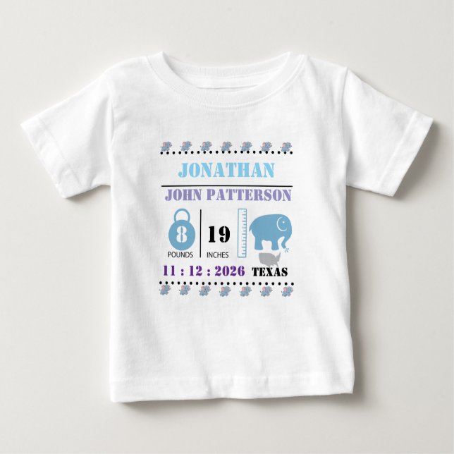 Camiseta Anúncio de Nascimento de Elefante Bebê Azul Fofo (Frente)