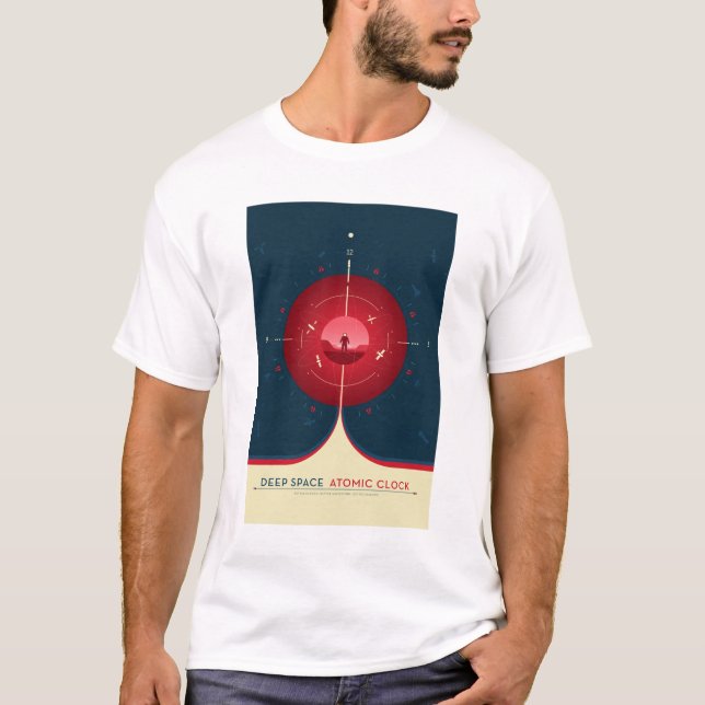 Camiseta Anúncio Sci-Fi, Relógio Atômico Vermelho, Espaço P (Frente)