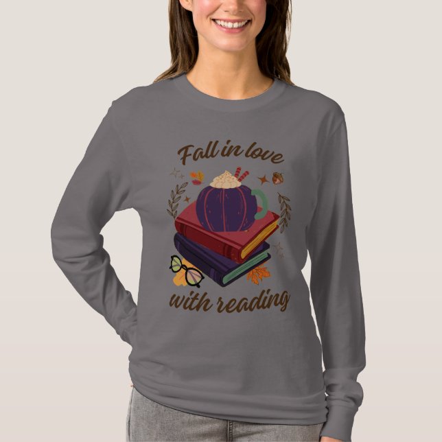 Camiseta Apaixone-se pela Leitura- Abóbora - Folhas de Outo (Frente)