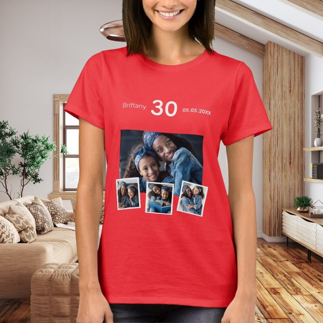 Camiseta Apelido de aniversário com idade foto colagem verm (Criador carregado)