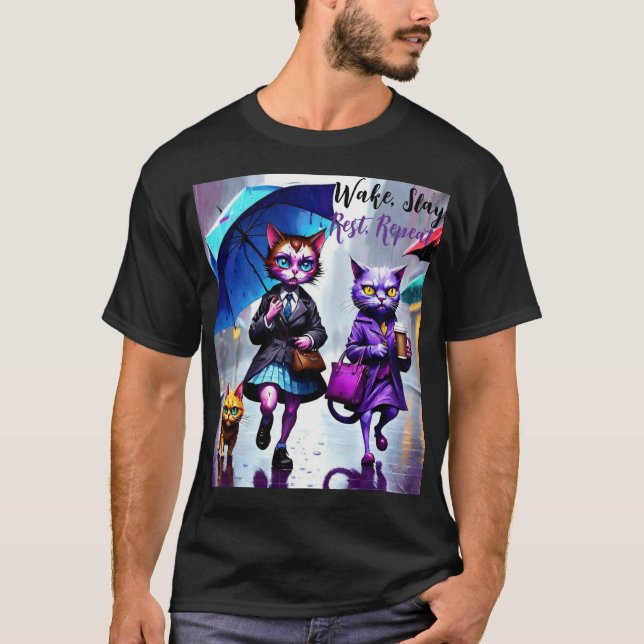 Camiseta Apenas boas vibrações: Gato na Chuva Gráfica T-Shi (Frente)