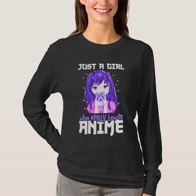 Camiseta Apenas uma garota que realmente ama anime em roxo (Frente)
